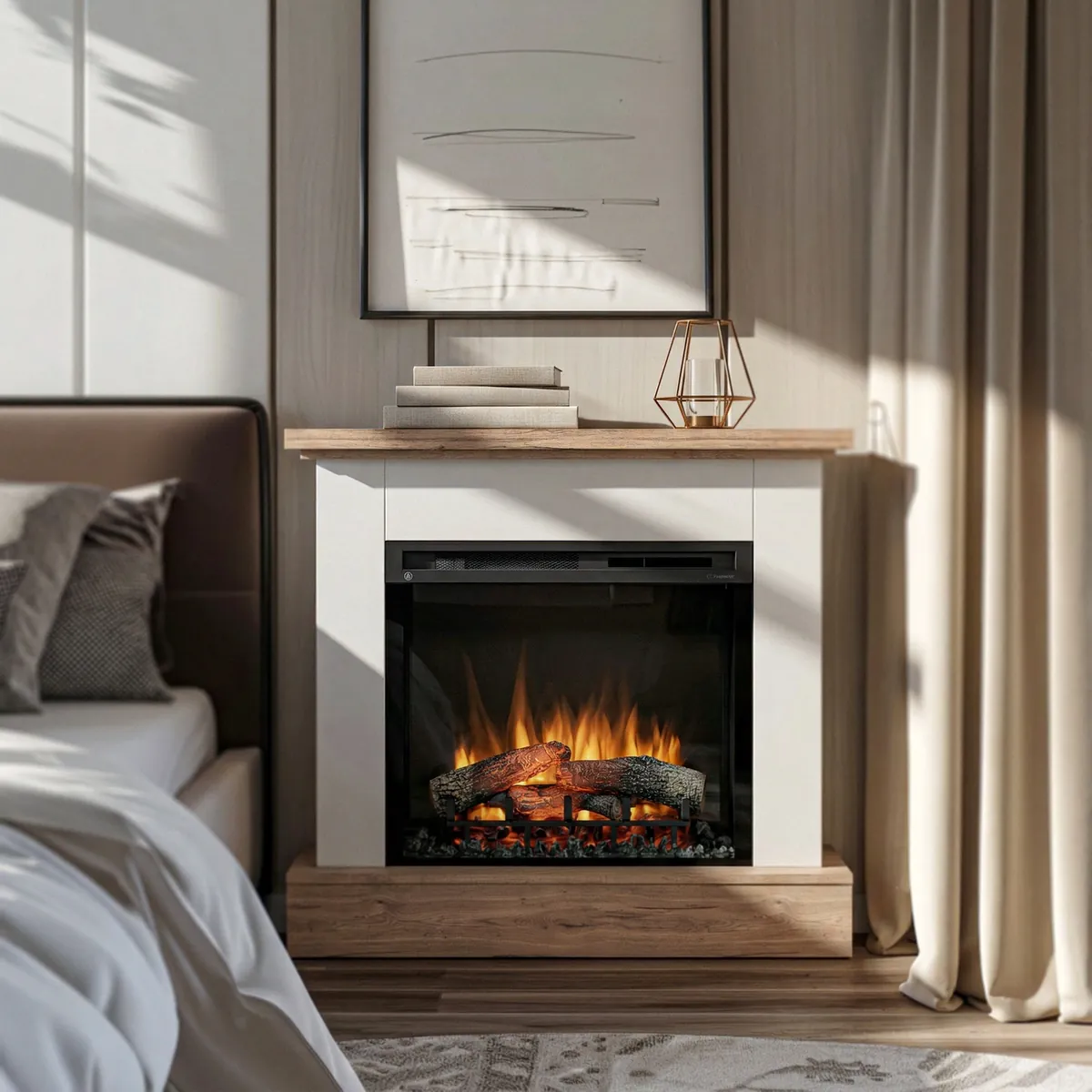 Kominek elektryczny Warmtec Jukon wkład Dimplex 28' XHD Optiflame - biały mat, jasny dąb