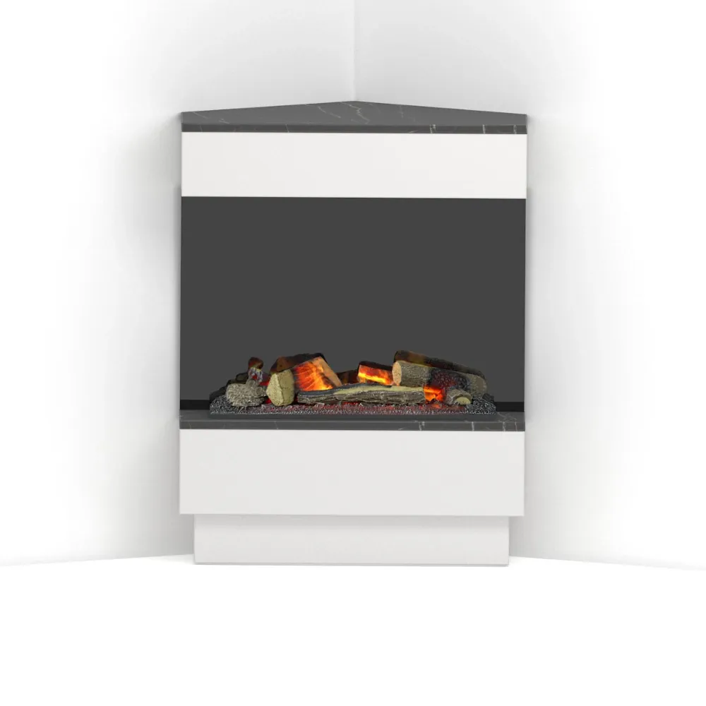 Kominek elektryczny Warmtec Taravo narożny Cassete 400/600 LED Optimyst - biały mat / marmur czarny / czarny połysk