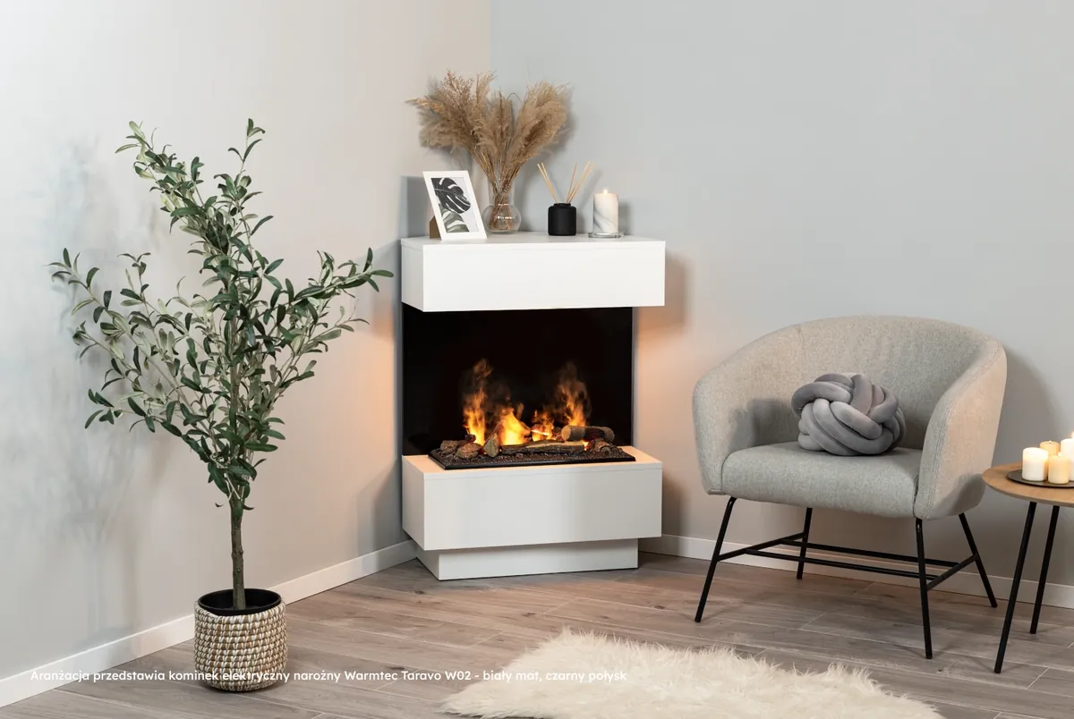 Kominek elektryczny Warmtec Taravo narożny Cassete 400/600 LED Optimyst - biały mat / marmur czarny / czarny połysk