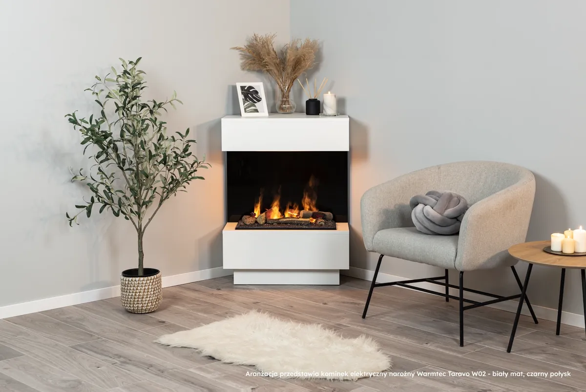Kominek elektryczny Warmtec Taravo narożny Cassete 400/600 LED Optimyst - biały mat / marmur czarny / czarny połysk